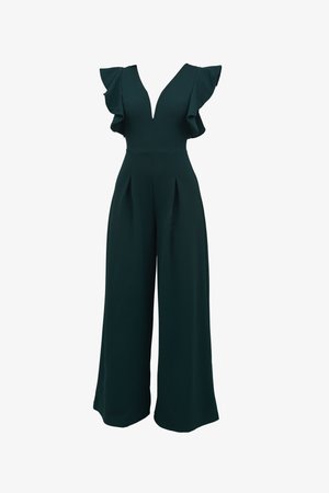 Combinaison verte foncée avec des manches volantées, décolleté en V profond, corsage ajusté et jambes larges et fluides avec des plis pour plus de volume.