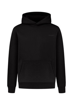 Black hoodie made of fabric with a smooth texture. Features a front pouch pocket, ribbed cuffs, and a drawstring hood. Minimalist design.
