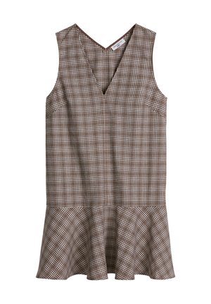 Bezrękawowa brązowo-biała sukienka w kratę z dekoltem w serek i falbaną u dołu, wykonana z teksturowanej tkaniny.