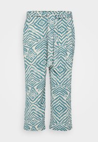 Lightweight cropped trousers with a geometric blue and white pattern, featuring a tied waistband and smooth texture.