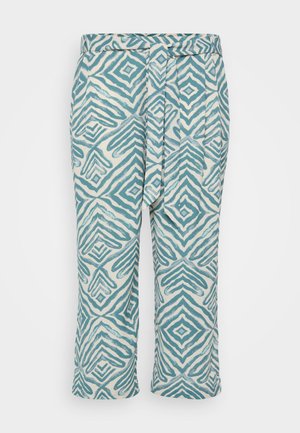 Vieglas, īsas bikses ar ģeometrisku zilu un baltu rakstu, ar piesaistāmu jostasvietu un gludu tekstūru.