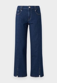 Jeans din denim de culoare albastru închis, cu croi larg și talie înaltă, fiind dotate cu buzunare laterale, închidere cu nasturi în față și tivuri cu fante pentru un plus de detaliu.