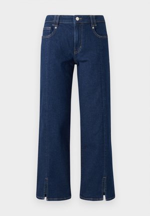 Mörkblå denimbyxor med vida ben och hög midja, med sidofickor, framknappstängning och slitsar i bensluten för extra detalj.