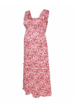 Ærmeløs graviditetskjole i lyserød og rød med blomsterprint, med flæseærmer og et lagdelt skørt, designet for komfort og stil.