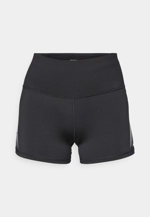 Pantalones cortos deportivos negros con una cinturilla alta, hechos de tela elástica. Presentan franjas laterales blancas y costuras planas para mayor comodidad.