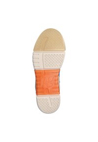 Schuhsohle mit einer strukturierten Gummiunterlage in Beige, einem orangefarbenen Mittelsohlenakzent und einem gemusterten Griffdesign für besseren Halt.