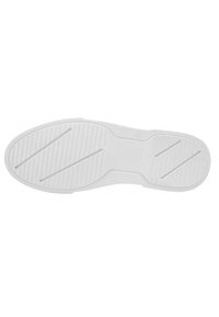 White rubber shoe sole with horizontal and diagonal traction lines. Features embossed sizing and branding details, smooth texture overall.