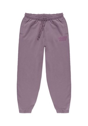 Lawendowe spodnie dresowe wykonane z miękkiej bawełny, z elastycznym pasem w talii i sznurkiem, kieszeniami bocznymi oraz nadrukiem logo na udzie.
