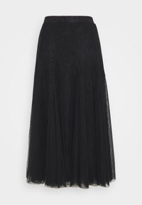 Jupe en tulle noire avec une ceinture pailletée. Silhouette fluide avec plusieurs couches et une texture transparente, offrant une apparence délicate.