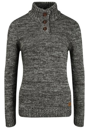 Knitted sweater in dark gray and black hues, featuring a high collar, three brown buttons, and a textured pattern. Side label detail visible.