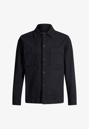 Giacca camicia nera a maniche lunghe con bottoni, colletto appuntito e due tasche sul petto, realizzata in tessuto strutturato.