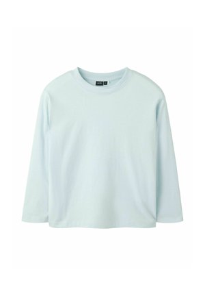 T-shirt bleu clair à manches longues avec col rond, ourlet droit et une étiquette noire marquée "LMTD" à l'encolure.