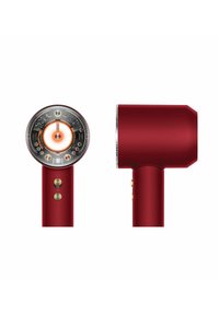 Roter Haartrockner mit zylindrischem Gehäuse, metallischen Akzenten und rundem Lufteinlass. Verfügt über goldene Tasten und eine transparente Abdeckung, die die internen Teile sichtbar macht.