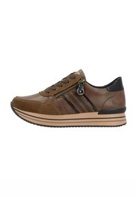 Braune Sneakers aus einer Mischung von glattem Leder und Wildleder, mit einem seitlichen Reißverschluss, strukturierten Akzenten und einer kontrastierenden schwarzen Ferse.