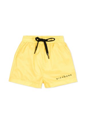 Gele zwemshorts met een zwart trekkoord en zijzakken, met het "John Richmond"-logo in het zwart op het rechtervoorbeen.