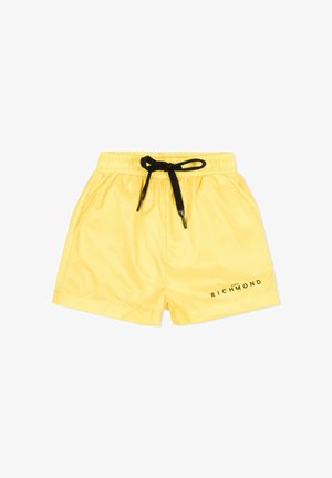 Shorts de bain jaunes avec cordon noir et poches latérales, arborant le logo "John Richmond" en noir sur la jambe droite avant.