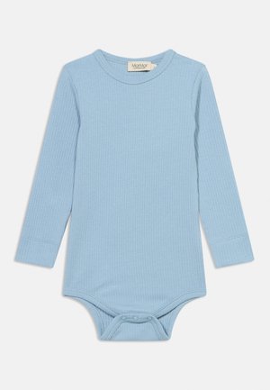 Light blue ribbed long-sleeve baby bodysuit with snap closures at the crotch and a round neckline.