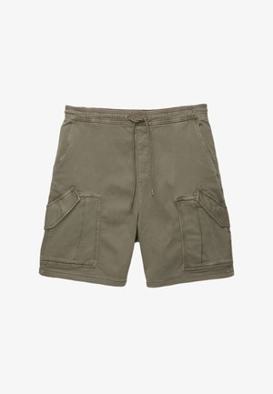 Khaki cargo kratke hlače iz mešanice bombaža, z elastičnim pasom, vrvico in dvema stranma cargo žepoma z zaponkami.