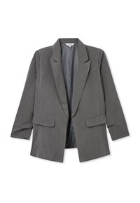 Blazer grigio con una finitura leggermente texturizzata, chiusura frontale a un bottone e due tasche frontali, dotato di rever a punta e vestibilità rilassata.
