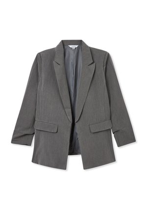 Blazer grigio con una finitura leggermente texturizzata, chiusura frontale a un bottone e due tasche frontali, dotato di rever a punta e vestibilità rilassata.