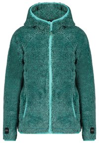 Giacca in pile teal con cappuccio, chiusura con zip e rifiniture in azzurro chiaro a contrasto. Presenta un tessuto morbido e testurizzato con due tasche laterali.