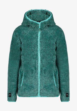 Giacca in pile teal con cappuccio, chiusura con zip e rifiniture in azzurro chiaro a contrasto. Presenta un tessuto morbido e testurizzato con due tasche laterali.