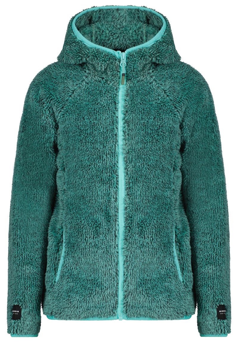 Giacca in pile teal con cappuccio, chiusura con zip e rifiniture in azzurro chiaro a contrasto. Presenta un tessuto morbido e testurizzato con due tasche laterali.