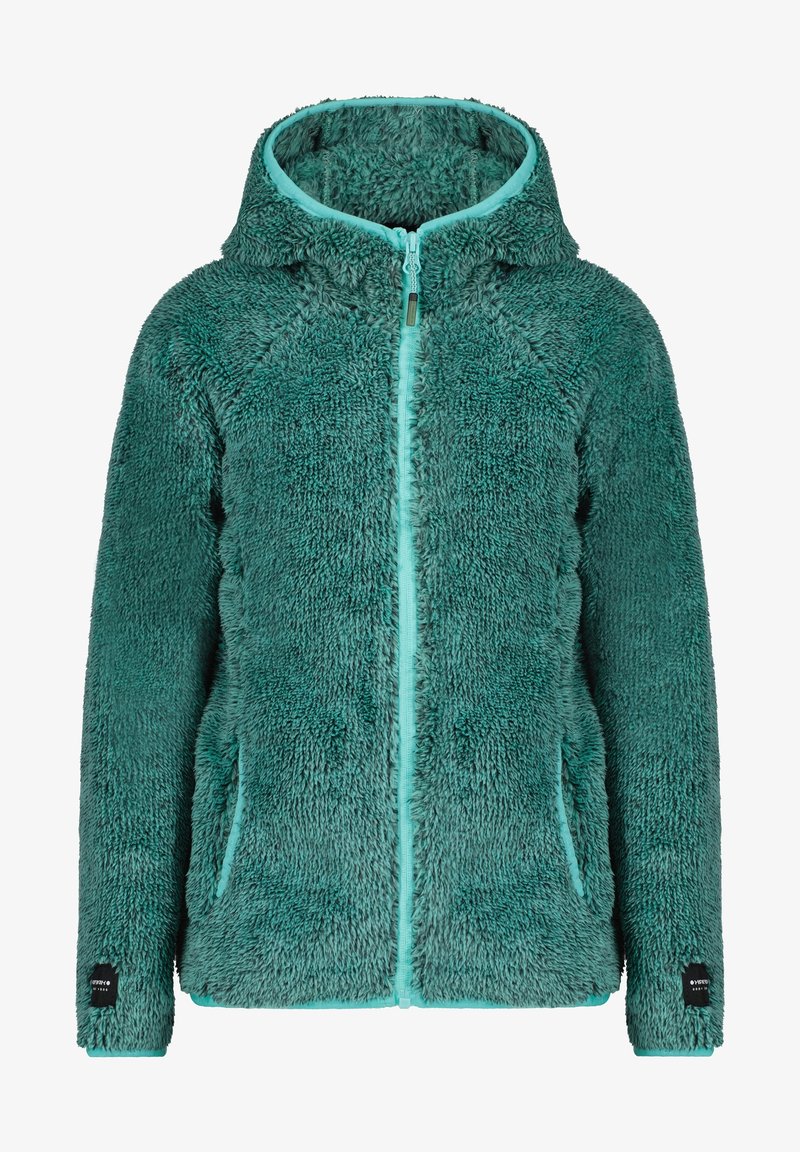 Giacca in pile teal con cappuccio, chiusura con zip e rifiniture in azzurro chiaro a contrasto. Presenta un tessuto morbido e testurizzato con due tasche laterali.