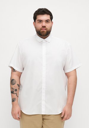 White short-sleeve button-up shirt with a classic collar, smooth texture, and a regular fit. Features visible buttons down the front.