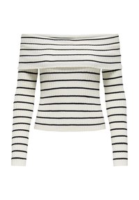 Balti off-the-shoulder ribota blūze ar melnām horizontālām svītrām. Pieguļoša forma ar garām piedurknēm un struktūru.