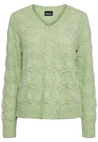 Pull col en V de couleur vert clair, présentant un motif en maille texturée avec des détails festonnés. Les poignets et l'ourlet côtelés ajoutent de la structure.