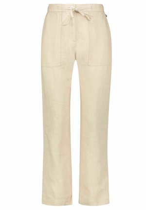 Beige gerade geschnittene Hose mit Kordelzug in der Taille und aufgesetzten Vordertaschen, aus leichtem Stoff gefertigt.