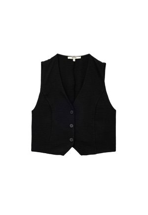 Sort ærmeløs vest i et struktureret stof, v-hals, og fem sorte knapper ned i fronten. Skræddersyet pasform med buet kant.