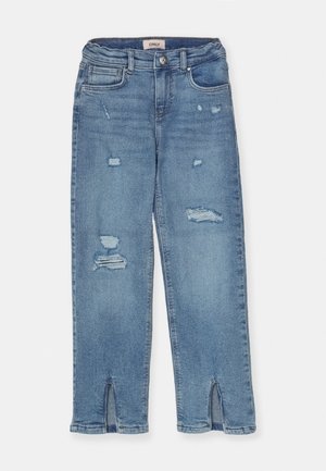 Lichtblauwe denim jeans met een rechte pasvorm, voorzien van versleten details en twee scheuren aan de onderkant. Label met de tekst "ONLY" aan de binnenkant van de tailleband.