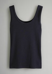 Canotta a costine blu navy con scollatura tonda e spalline larghe, caratterizzata da una texture liscia e una silhouette aderente.