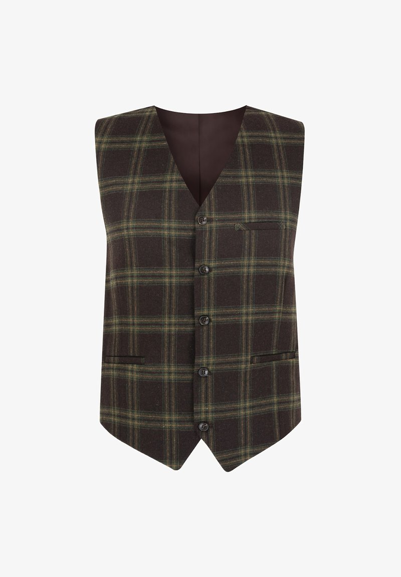 Brązowa kamizelka w kratę z zielonymi akcentami, z dekoltem w serek, sześcioma guzikami, kieszenią na piersi i dwiema kieszeniami bocznymi. Wykonana z teksturowanej tkaniny.