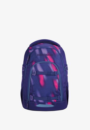 Lila Rucksack mit einem Farbverlauf-Design und pinken Akzenten. Hergestellt aus strapazierfähigem Stoff, mit verstellbaren Riemen und Reißverschlüssen.