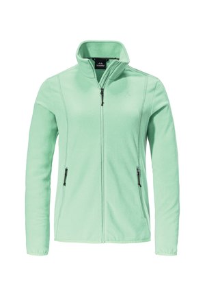 Mintgrüner Fleece-Jacke mit hohem Kragen, durchgehendem Reißverschluss und zwei seitlichen Reißverschlusstaschen. Minimalistisches Design und weiche Textur.