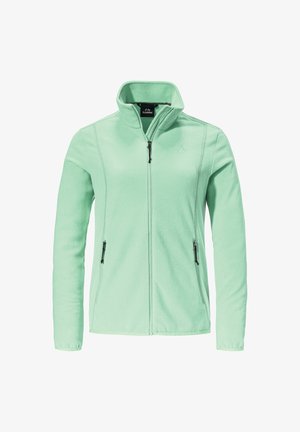 Mintgrüner Fleece-Jacke mit hohem Kragen, durchgehendem Reißverschluss und zwei seitlichen Reißverschlusstaschen. Minimalistisches Design und weiche Textur.