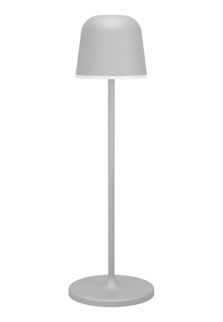Graue Stehlampe mit einem runden Schirm, schlanker Stange und kreisförmigem Sockel. Glatte Textur mit minimalistischem Design und ohne sichtbare Beschläge.