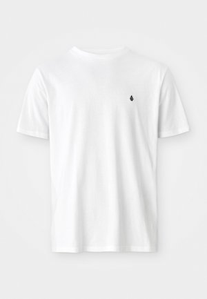 Witte katoenen t-shirt met een klassieke ronde hals, korte mouwen en een klein zwart logo op de linkerkant van de borst. Gladde textuur, casual pasvorm.