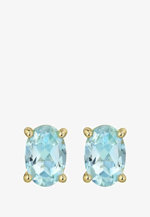 Aquamarin Edelsteinohrringe, ovale Form, gefasst in vier goldenen Kralen, mit facettierter Oberfläche und hellem Blauton.