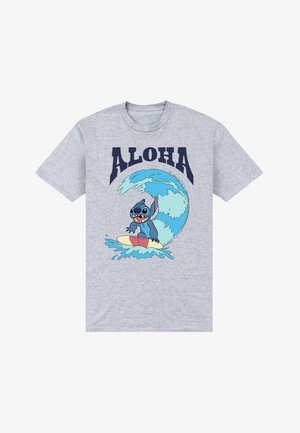 Maglietta grigia con la scritta "ALOHA" e un personaggio dei cartoni che fa surf su una grande onda blu sulla parte anteriore.