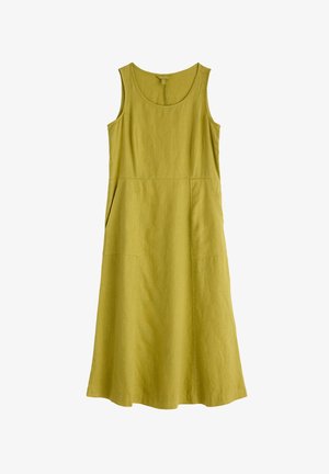 Linned, ærmeløs kjole i olivengrøn med rund halsudskæring og to forlommer, i en løs og flydende silhuet.