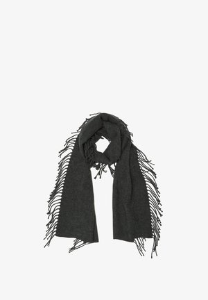 Donkergrijze sjaal van zacht materiaal, met franjes aan de randen en een rechthoekige vorm, geschikt voor het dragen in lagen en winterkleding.