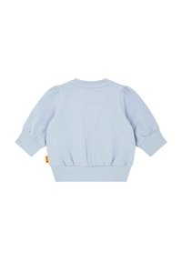 Pullover azzurro chiaro con maniche a sbuffo, polsini a coste e orlo arricciato. Realizzato in tessuto morbido, presenta un'etichetta sul lato.