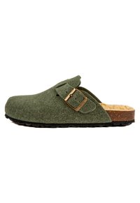 Pantoufle en feutre de laine vert olive avec une seule boucle réglable, semelle en liège naturel et semelle en caoutchouc noir texturé.