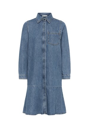 Kék farmer hosszú ujjú ingruha gallérral, elején gombolással, mellzsebbel és bővülő szegéllyel.