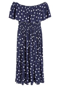 Námořnicky modré šaty s odhalenými rameny, bílé puntíky, elastický pas a volánkový výstřih.