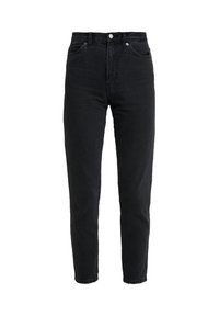 Schwarze Jeans aus Denim mit hoher Taille, schmalem Bein, Fronttaschen und Knopfverschluss. Verfügt über eine glatte Textur und ein minimalistisches Design.